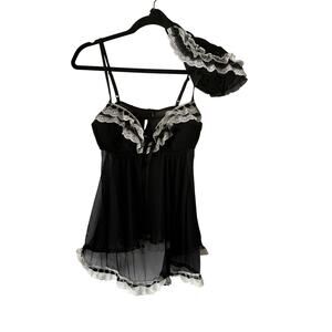 Cassandra Intimates Babydoll Lingerie Womens Small Black Sheer Lace Ruffle Set